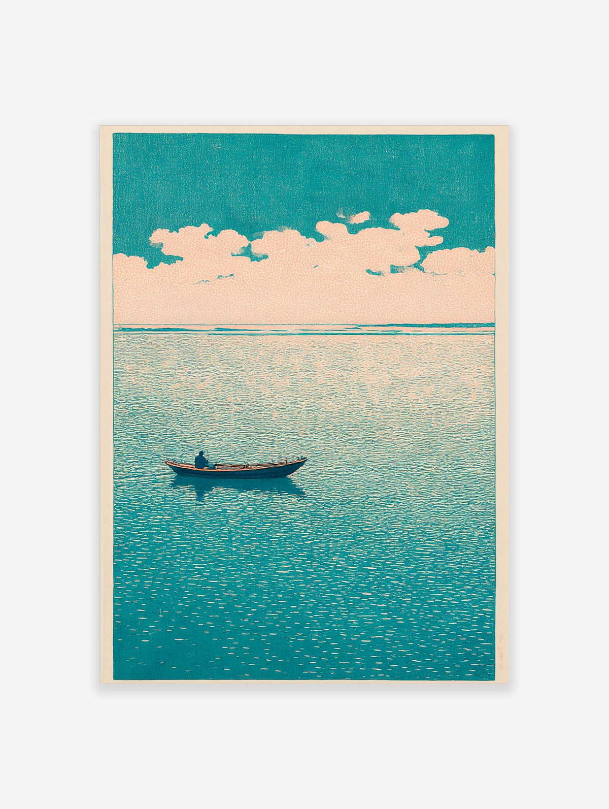 Minimalist art print of a lone boat on a teal sea under a pale, cloudy sky, evoking calm