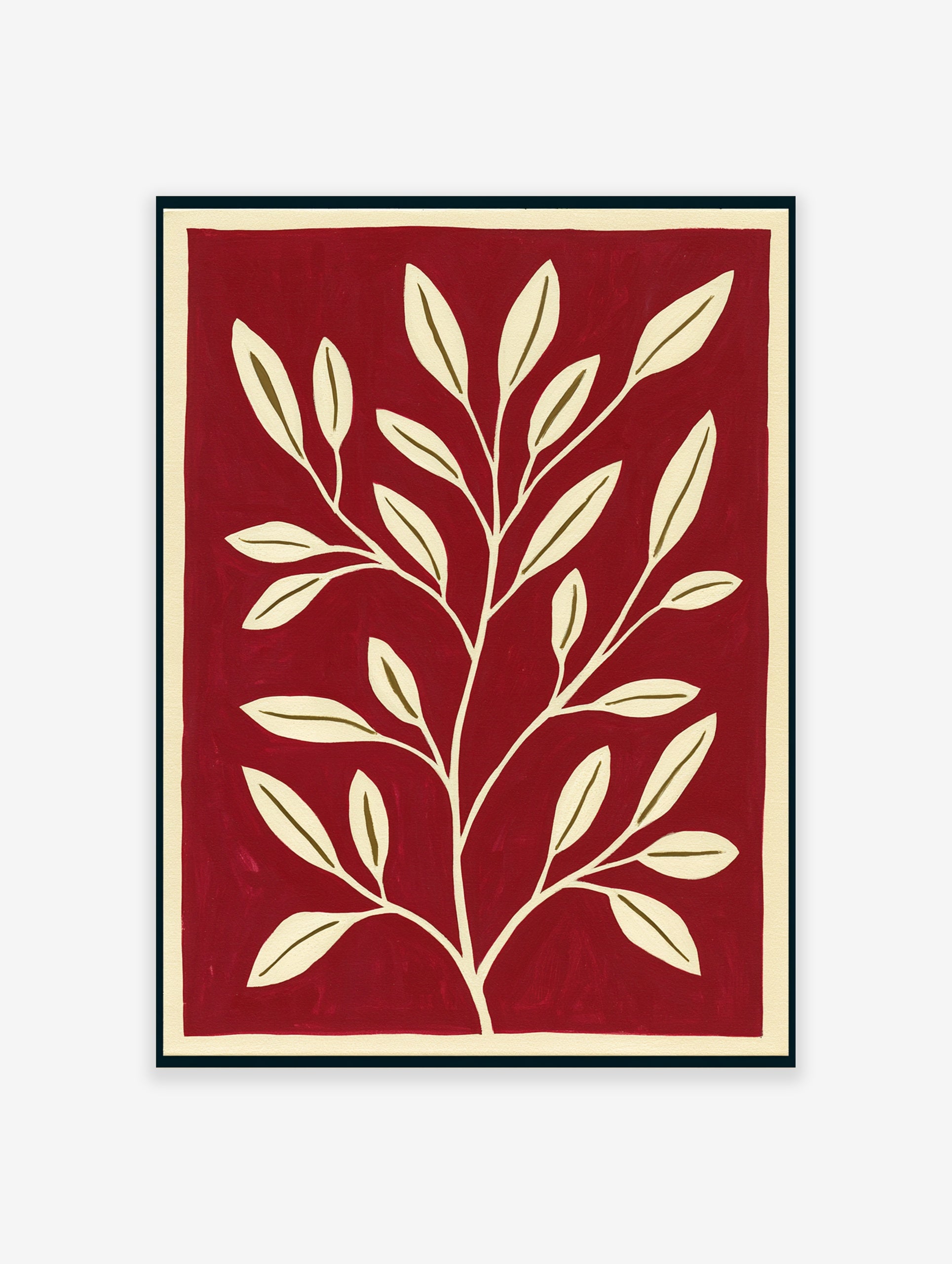 Minimalist botanical wall art with a cream-coloured leafy branch on a solid deep red background
