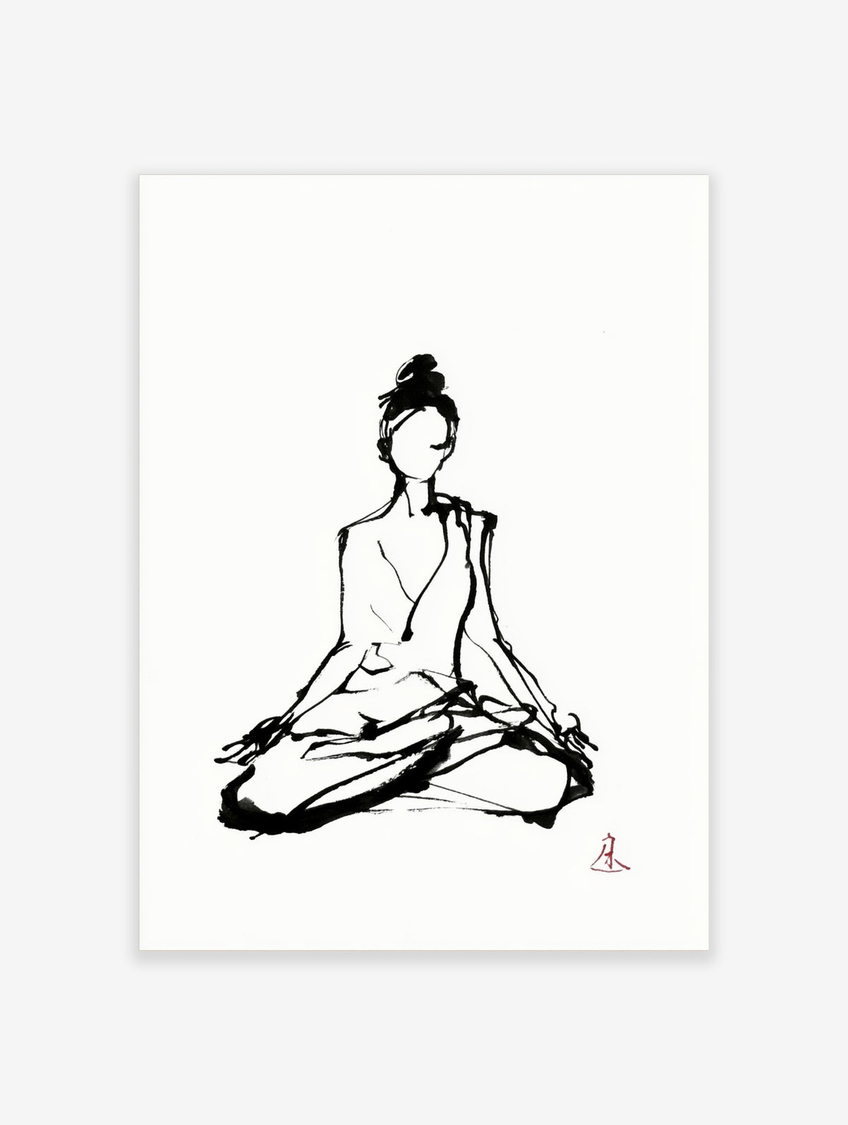 Minimalist black ink brushstroke meditating figure art print on white background