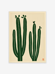Minimalist cactus wall art with two green cacti on a cream background, illustrative botanical print