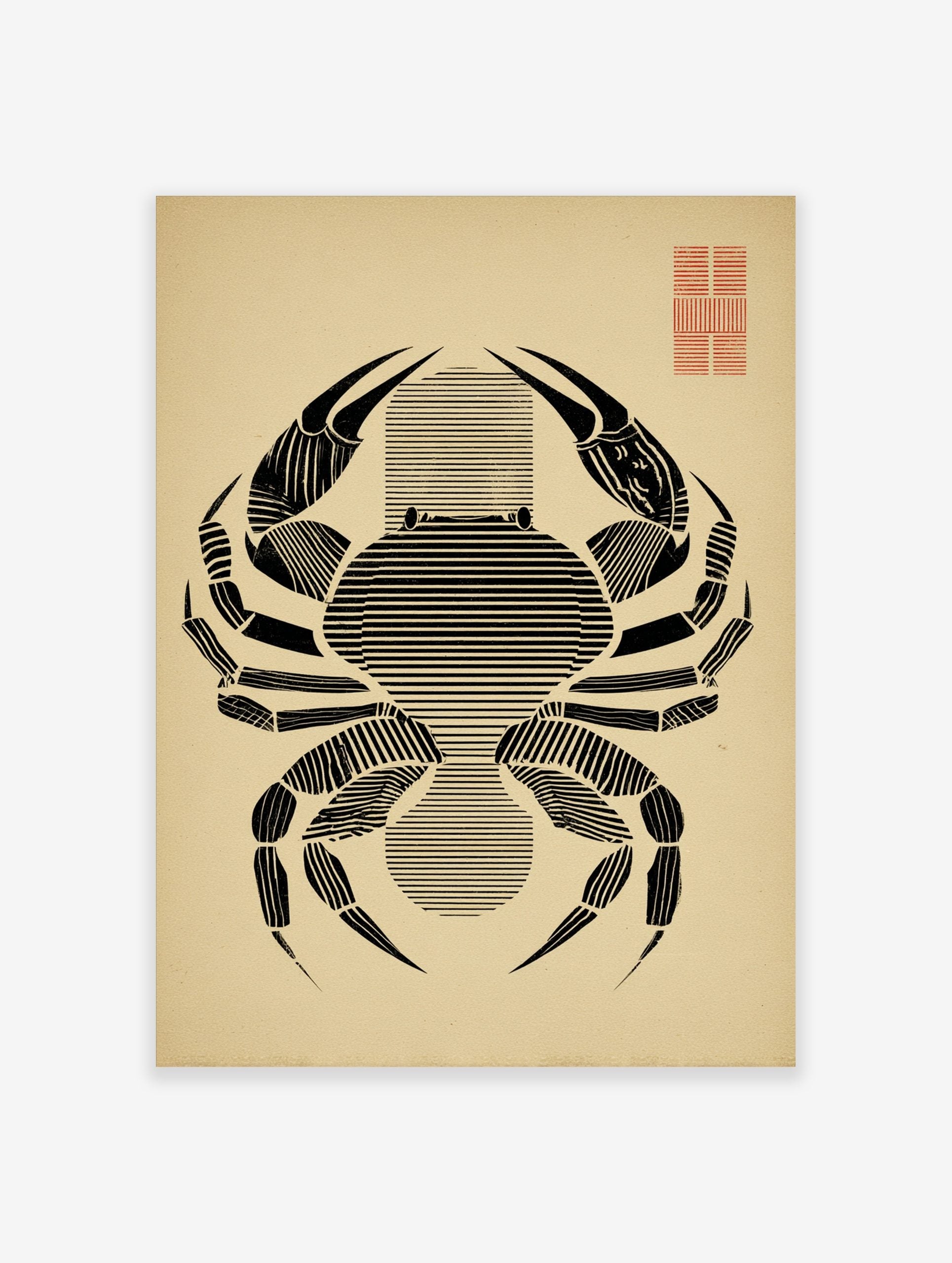 Minimalist black crab illustration with horizontal lines on beige paper, red grid in top right