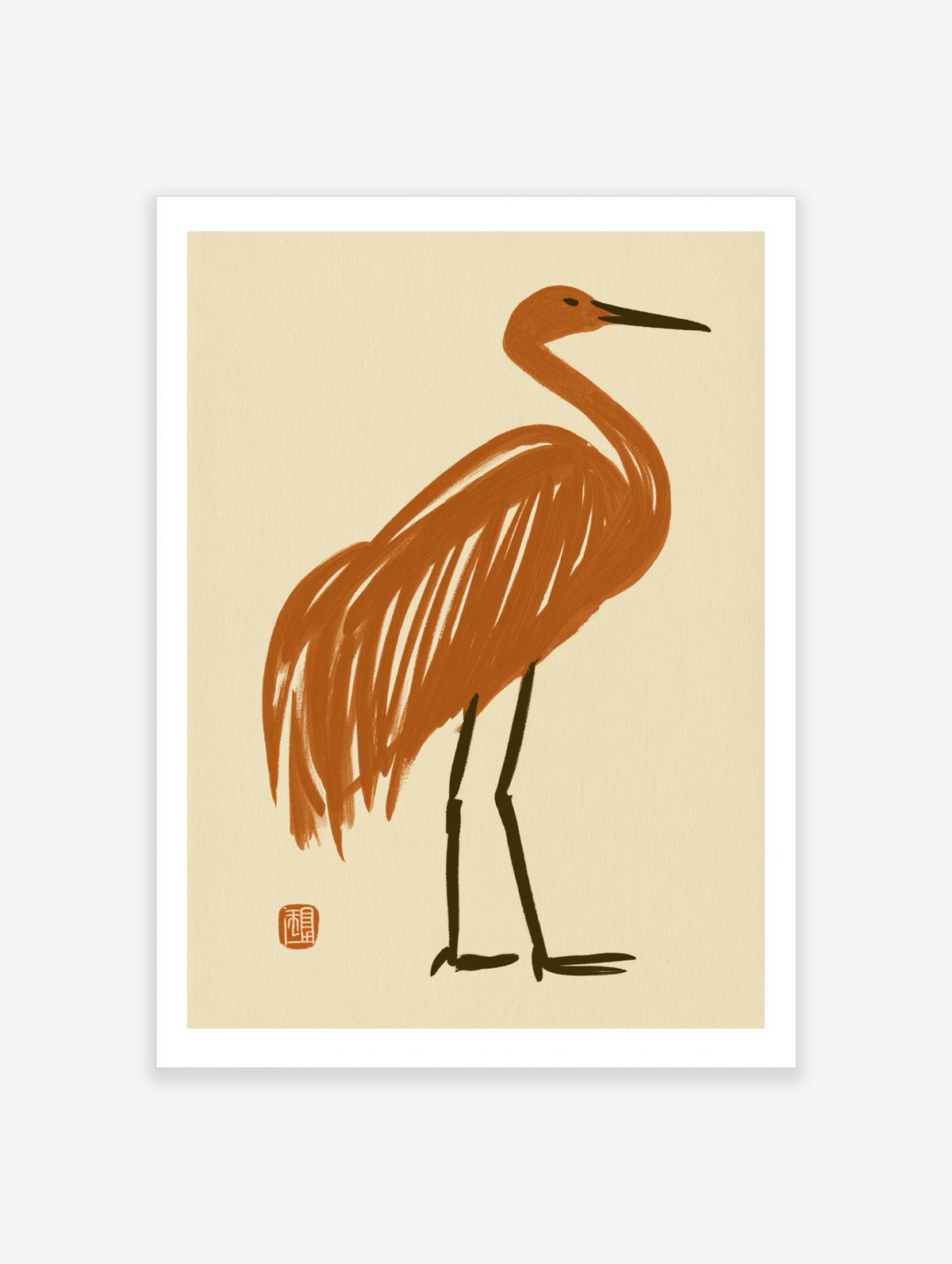 Minimalist crane bird illustration in burnt orange with dark legs on a cream background