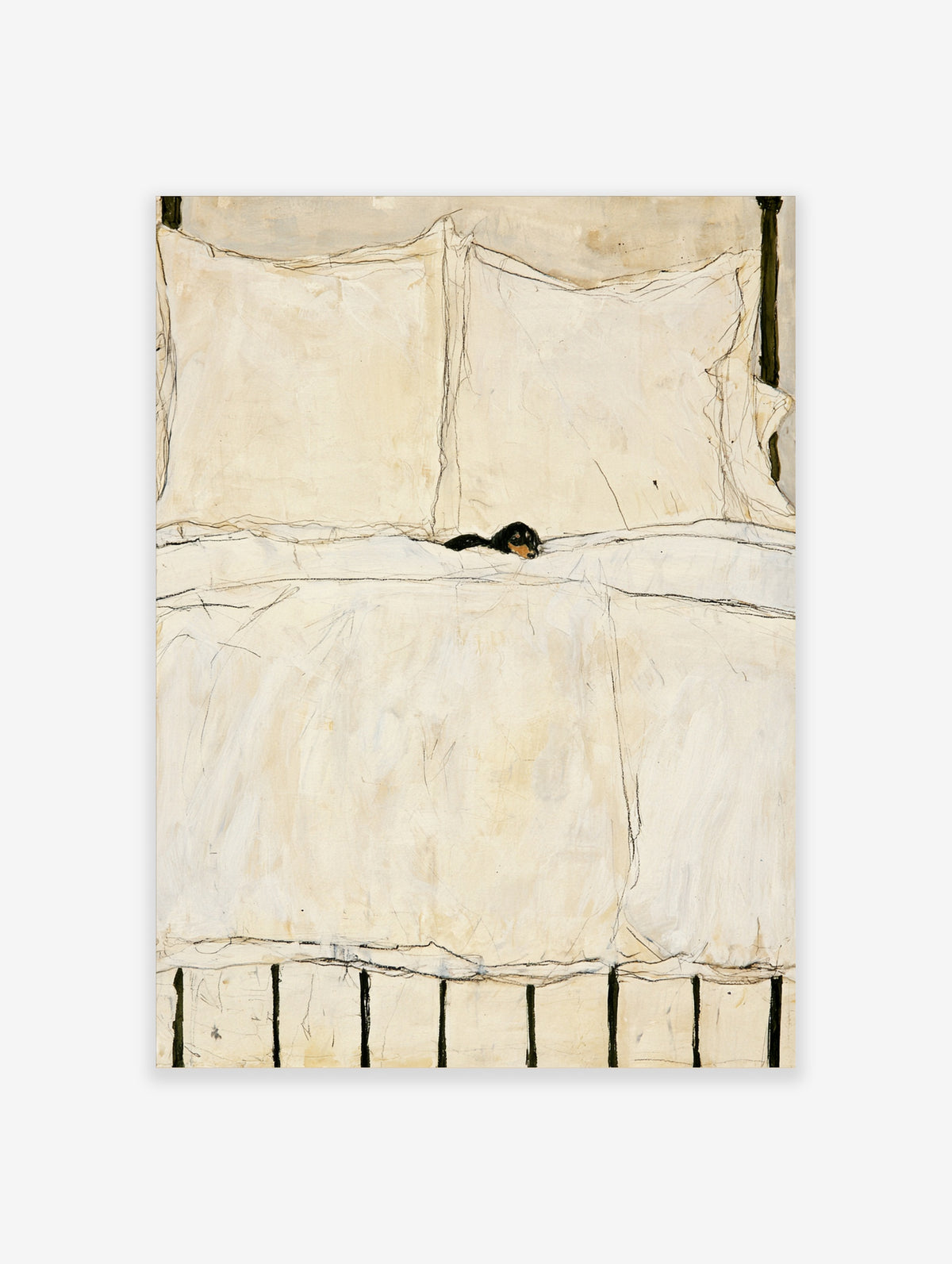 Minimalist dog in bed poster with black and tan dog peeking from white linen and pillows