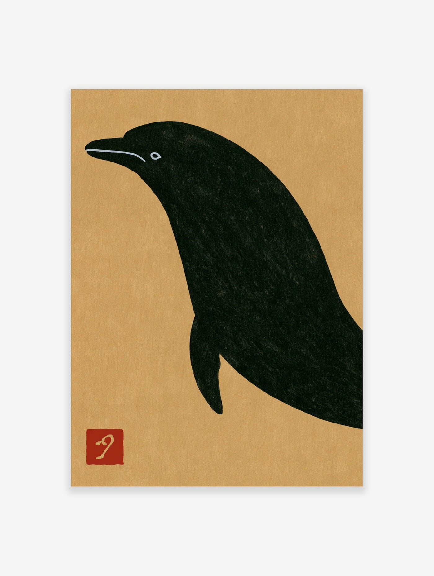 Minimalist black dolphin silhouette art print with a red stamp on a tan background