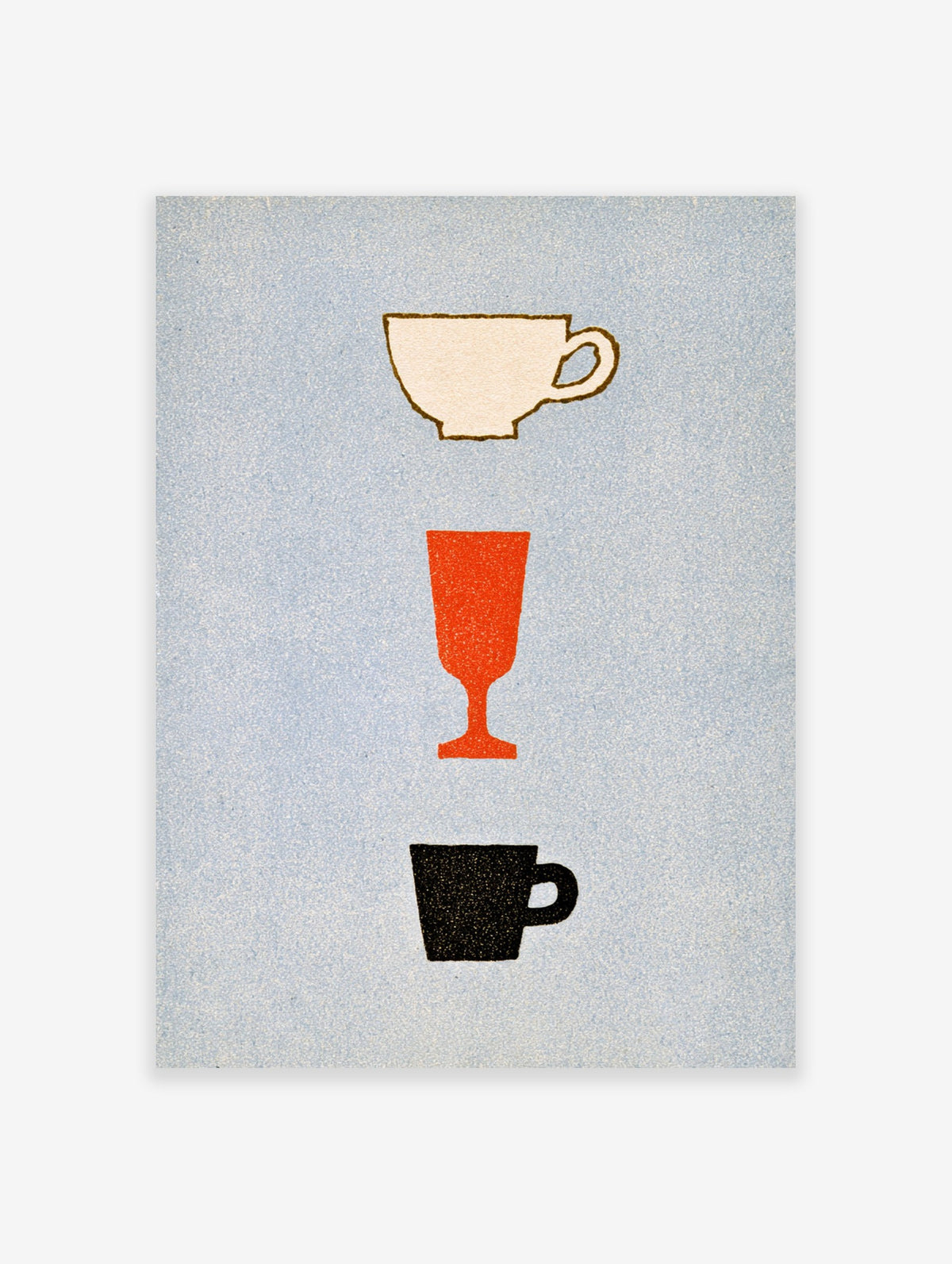Minimalist art print of a white teacup, orange wine glass, and black coffee cup stacked on a light blue background