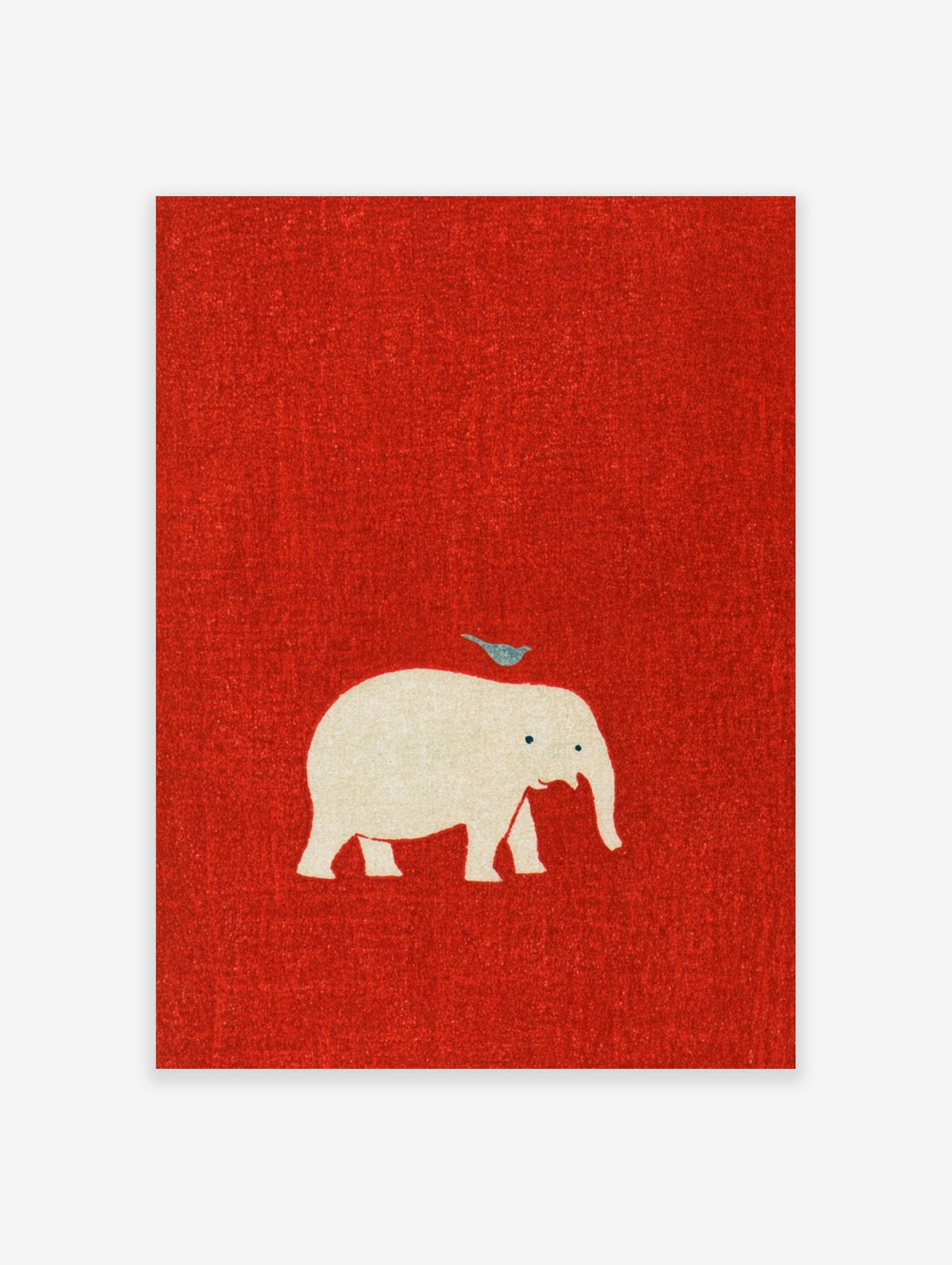 Minimalist white elephant illustration with a small bird on its back against a textured red background