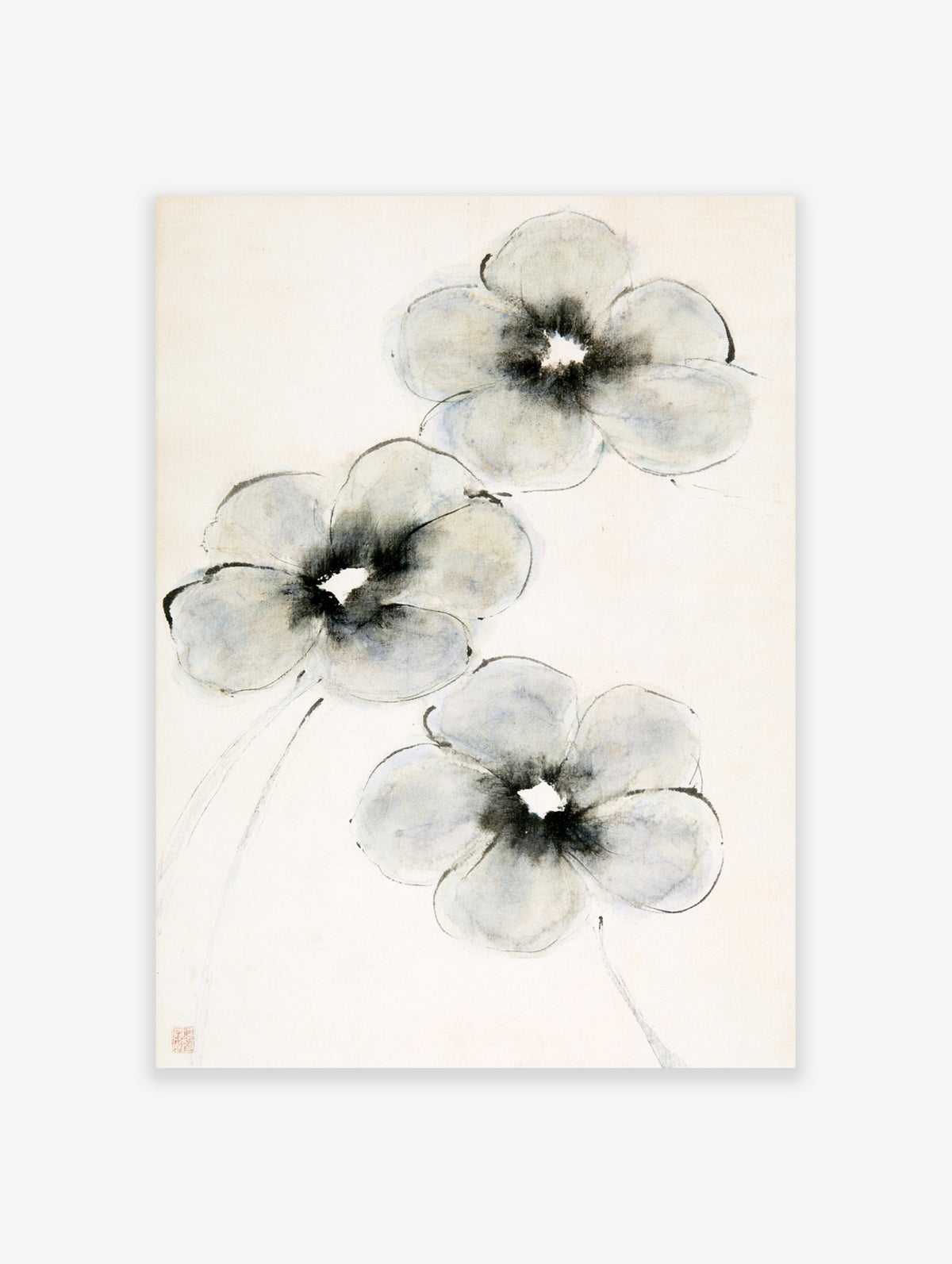 Minimalist flower art print with three ink-wash botanical blooms on a light background