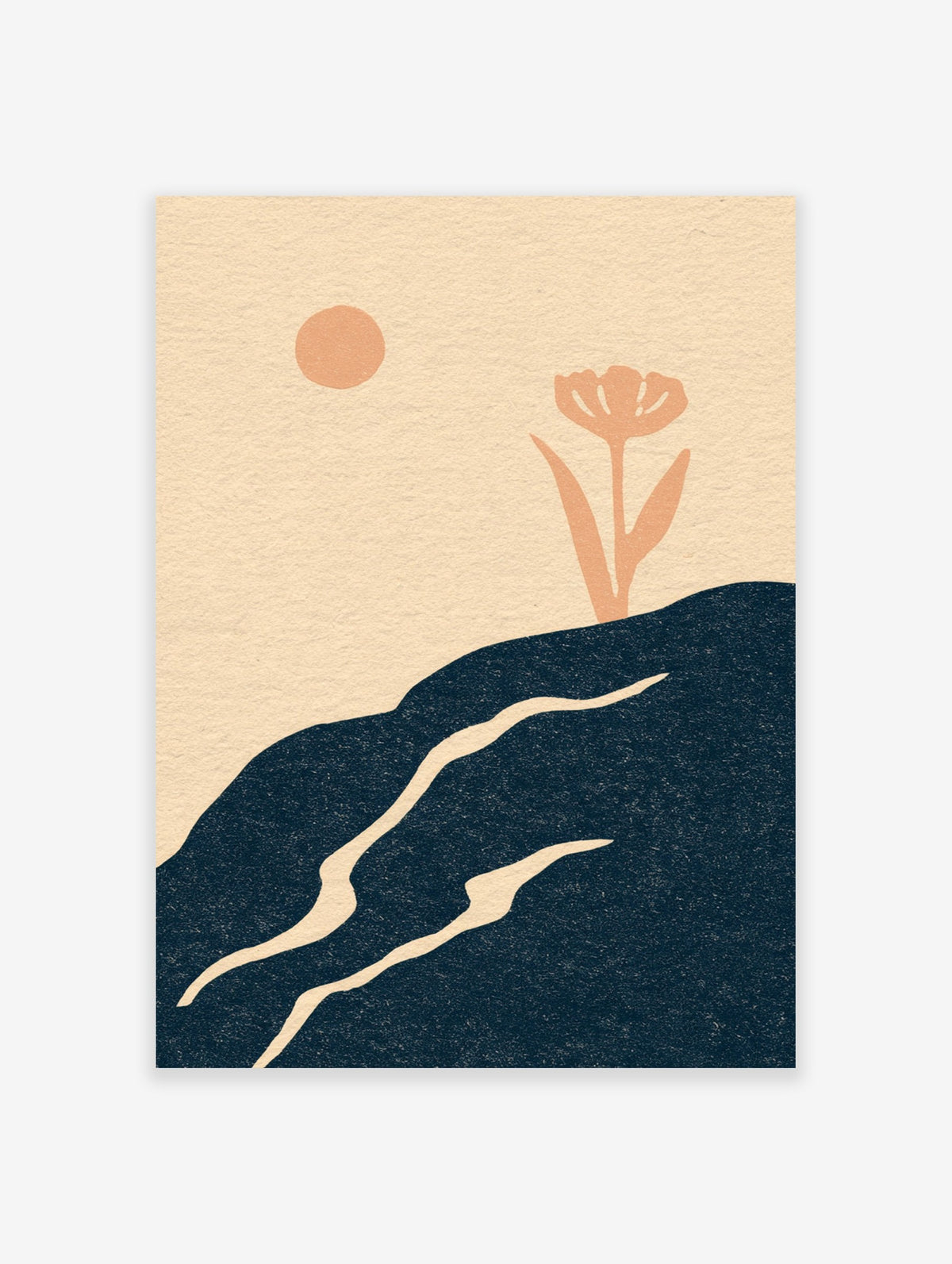 Minimalist flower botanical art print with peach bloom on a dark navy abstract landscape