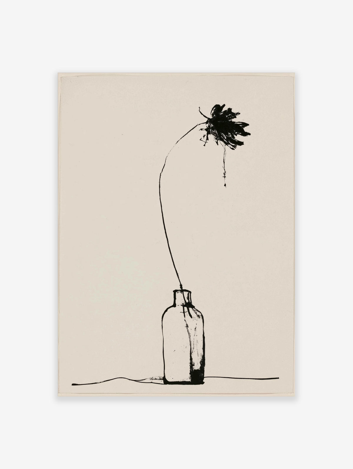 Minimalist black ink drawing of a drooping flower in a glass bottle on beige background