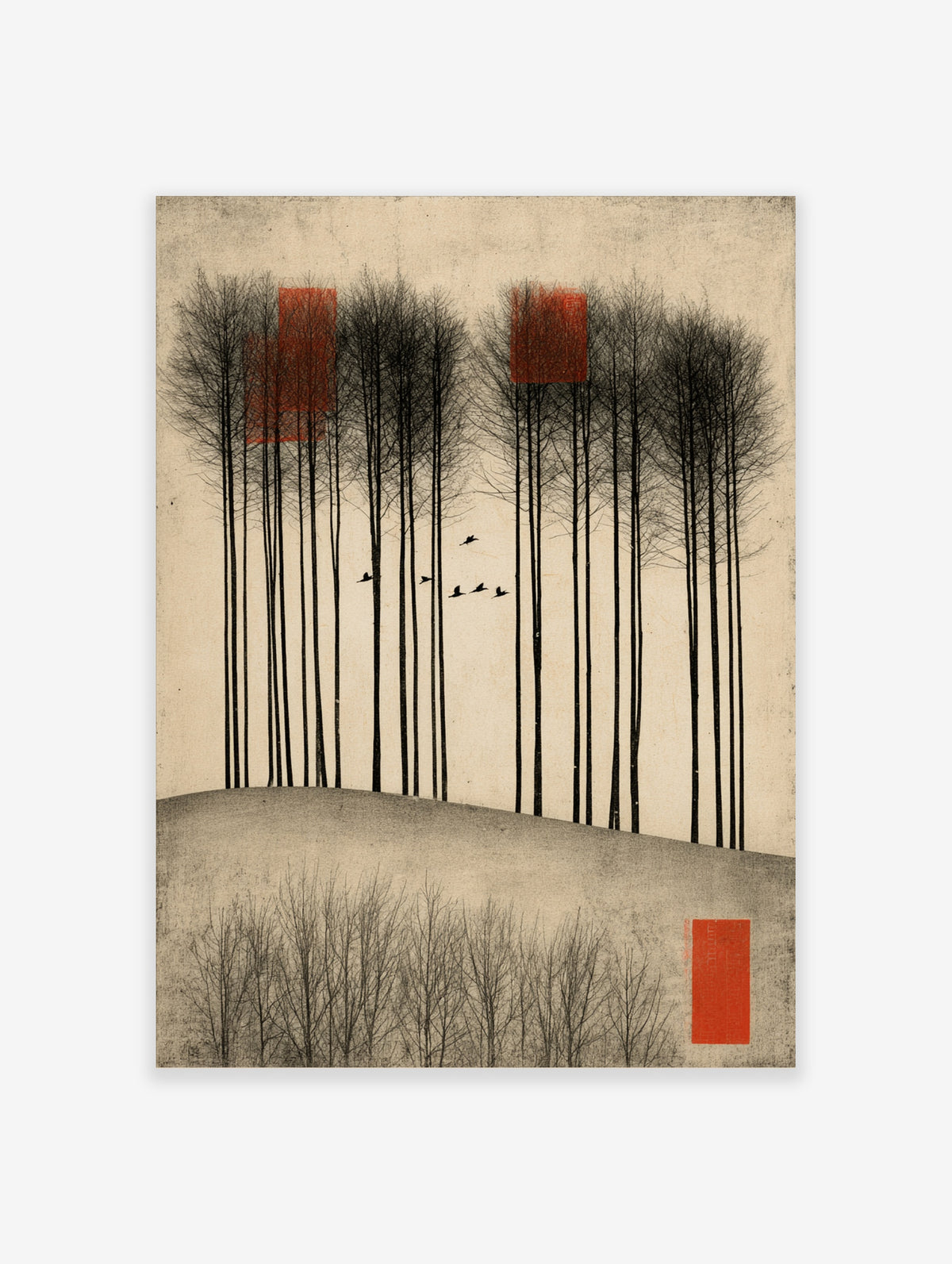 Minimalist forest art print with tall tree silhouettes, red blocks, and birds on beige background