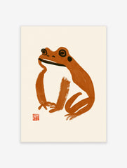 Minimalist frog illustration in brown brush strokes with a red seal on a cream background art print