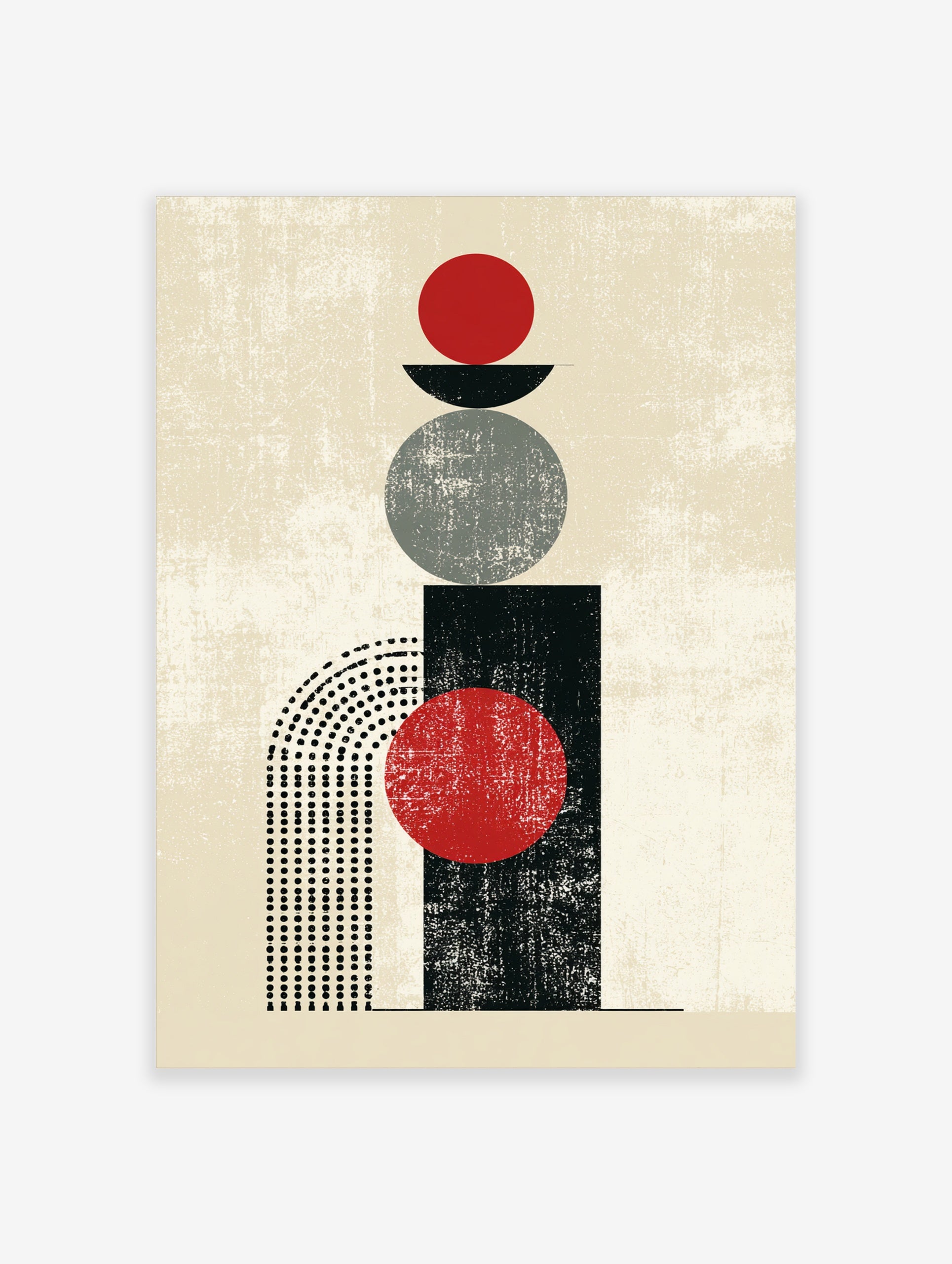 Minimalist geometric abstract art print with red circle, grey circle, black rectangle, and dotted arch on textured beige