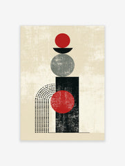 Minimalist geometric abstract art print with red circle, grey circle, black rectangle, and dotted arch on textured beige