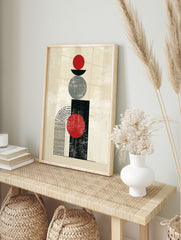 Minimalist geometric abstract art print with red circle, grey circle, black rectangle, and, in an alternate framed mockup