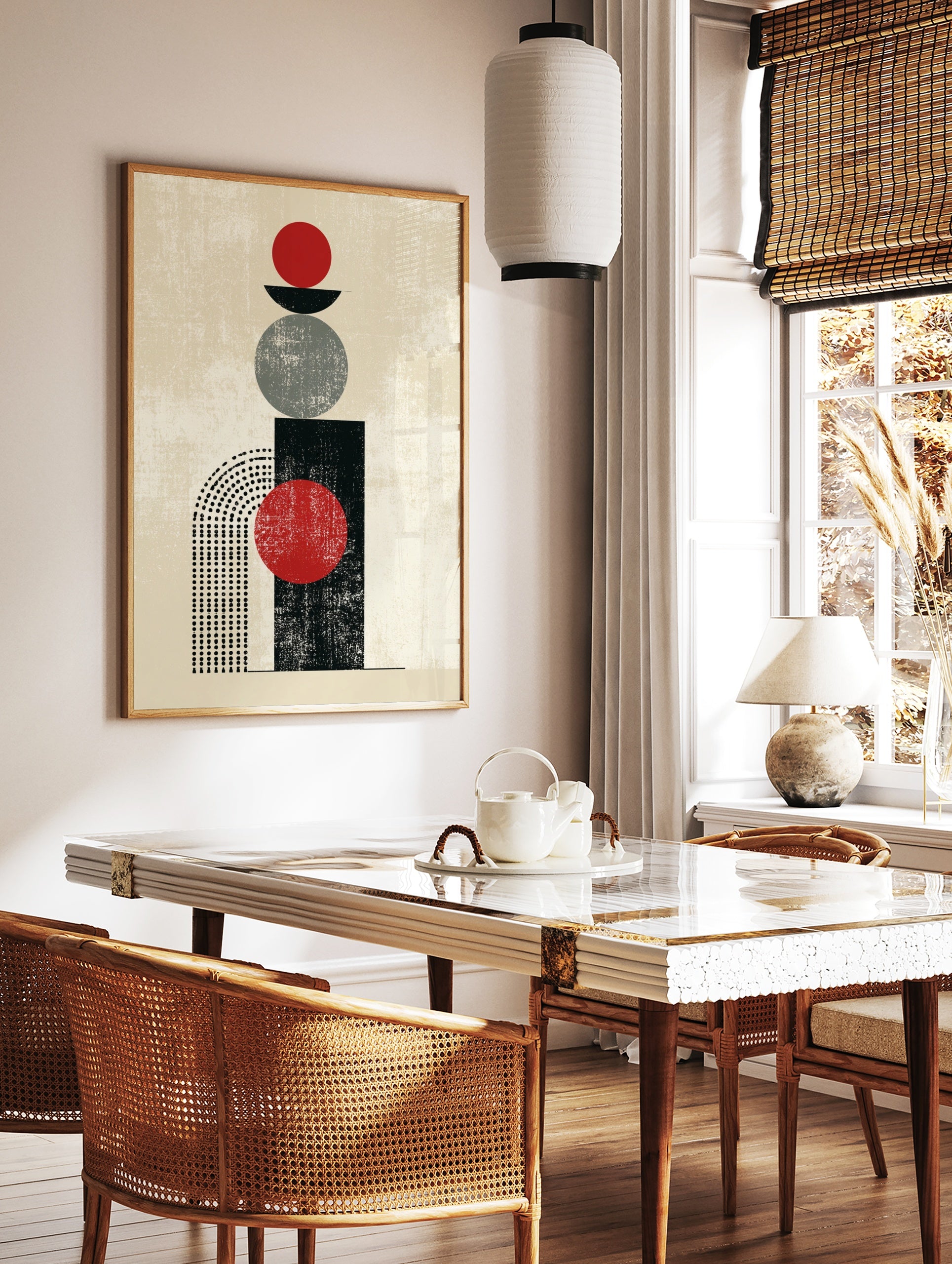 Minimalist geometric abstract art print with red circle, grey circle, black rectangle, and dotted, in a styled room mockup