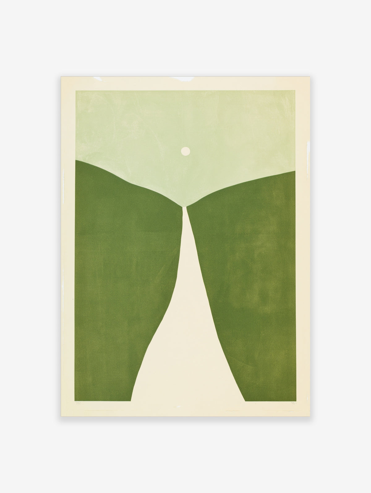 Minimalist abstract art print with rolling green hills, a white path, and a pale circle on a light background