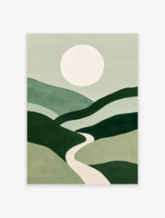 Minimalist green landscape wall art with rolling hills, a central winding path, and a large pale sun in a soft sky