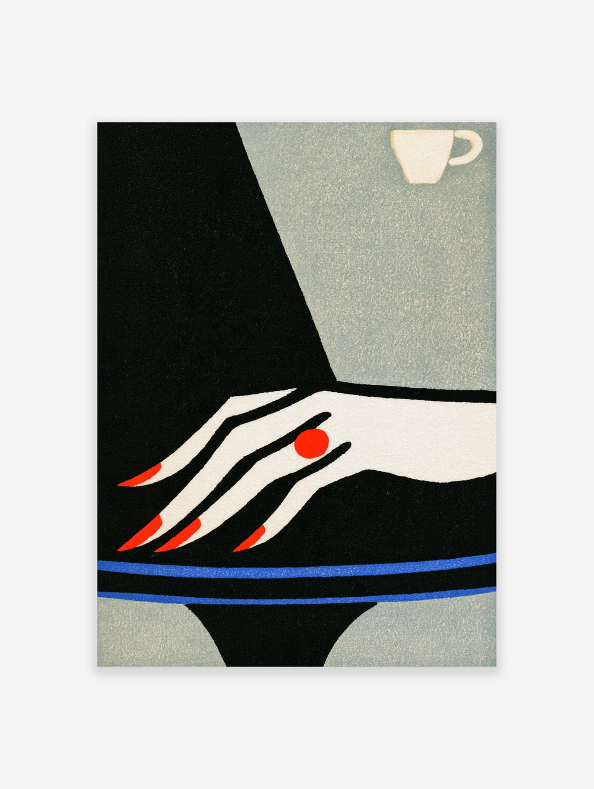 Minimalist graphic art print showing a hand with long red nails, a red ring, and a small coffee cup on a black background
