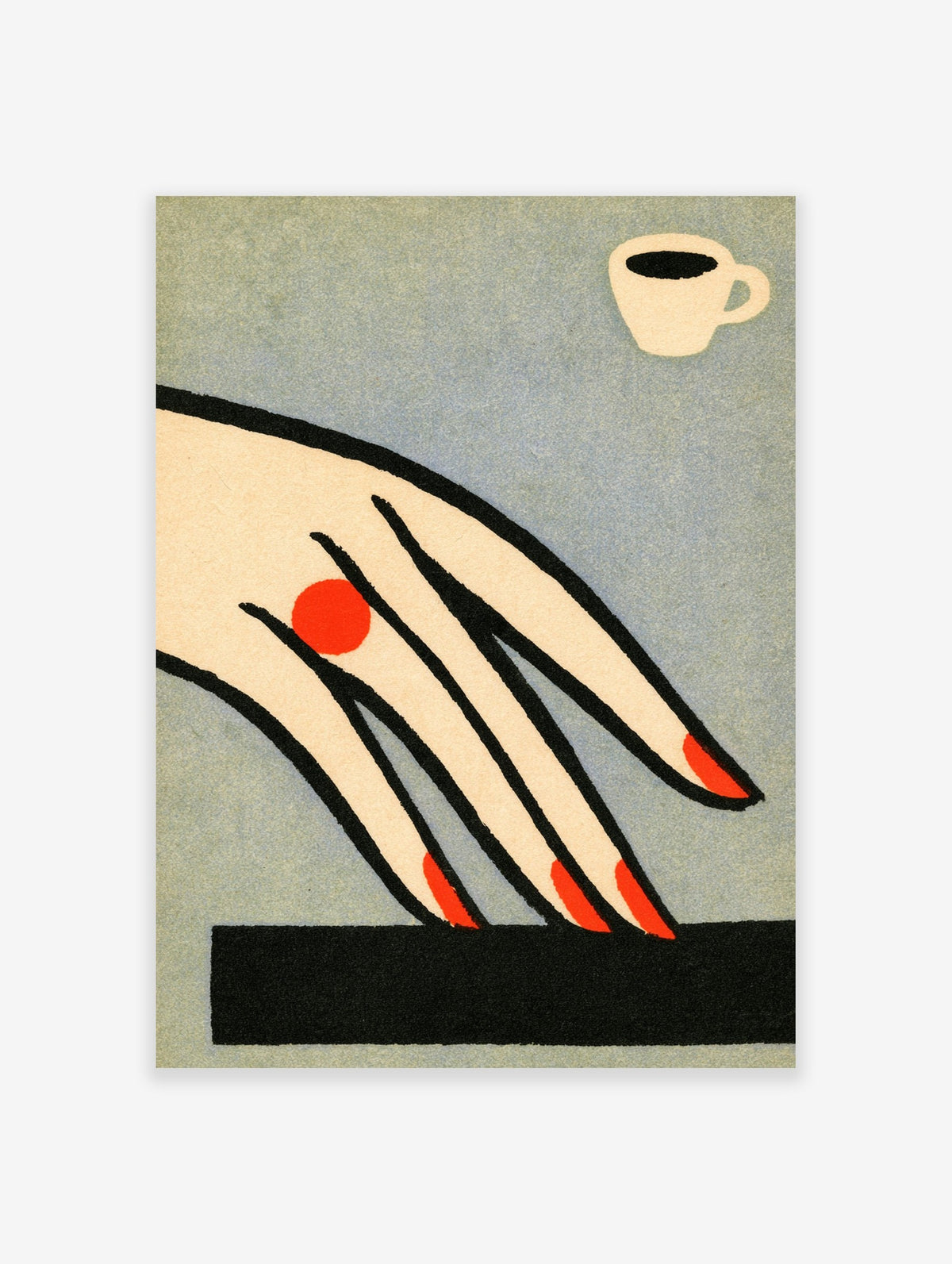 Minimalist art print of a hand with red nails and a red ring reaching for a cup of black coffee against a grey background