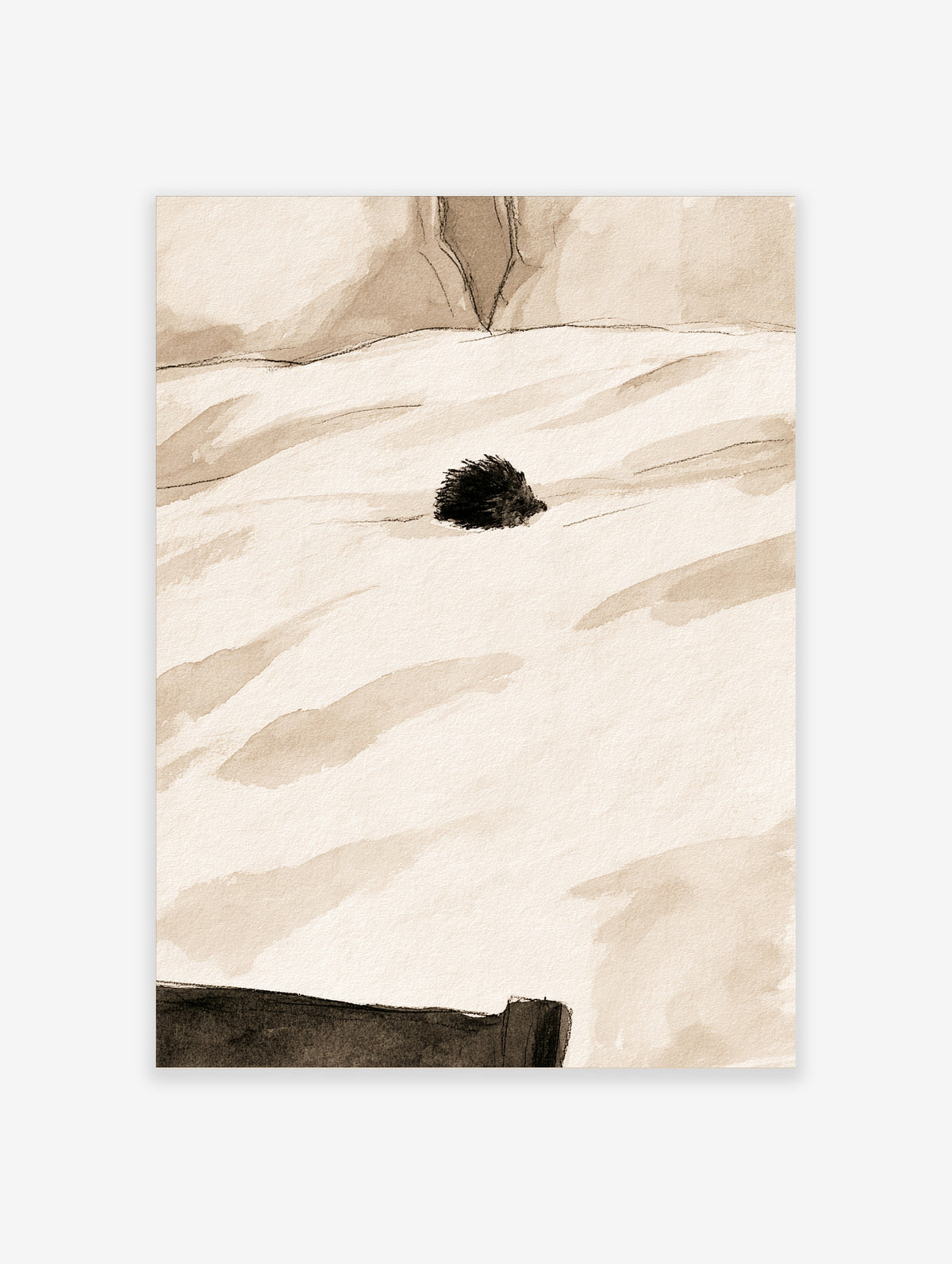 Minimalist ink mountain art print with dark textured peak on beige watercolour landscape