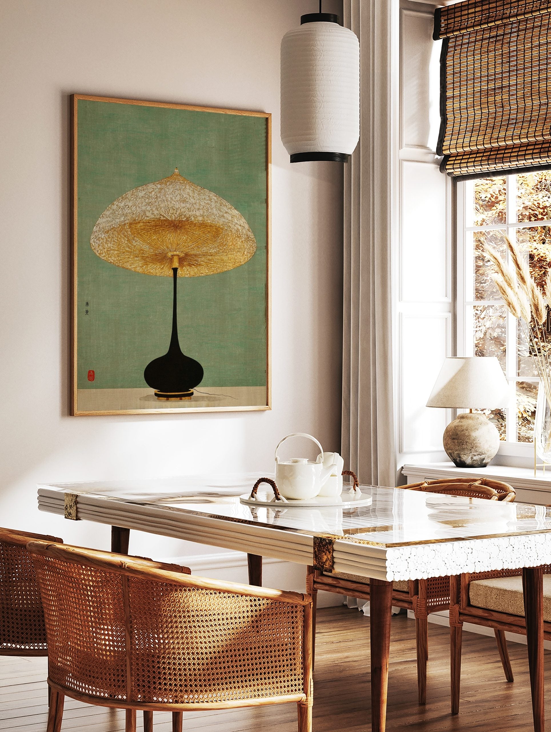 Minimalist lamp wall art with a golden textured shade and black base on a green background, with, in a styled room mockup