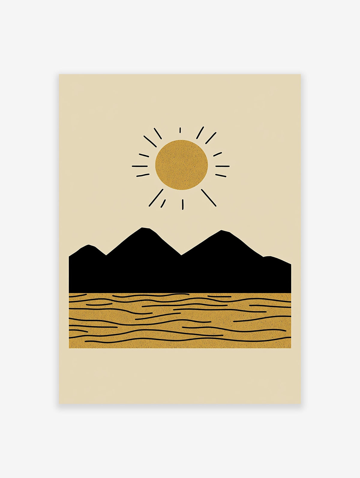 Minimalist landscape poster with a golden sun, black mountains, and textured yellow sand with wavy lines.