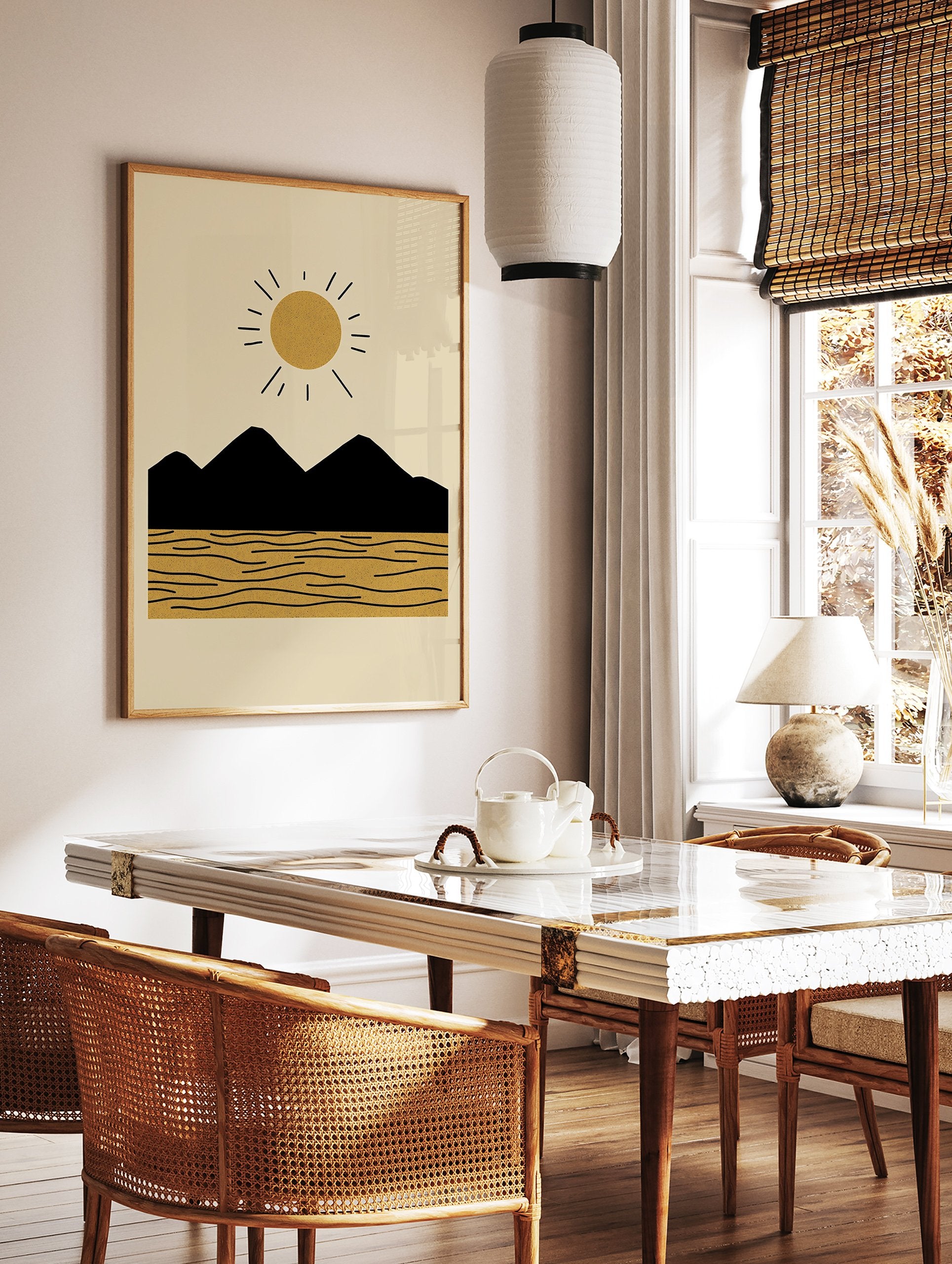 Minimalist landscape poster with a golden sun, black mountains, and textured yellow sand with wavy lines. - Image 2
