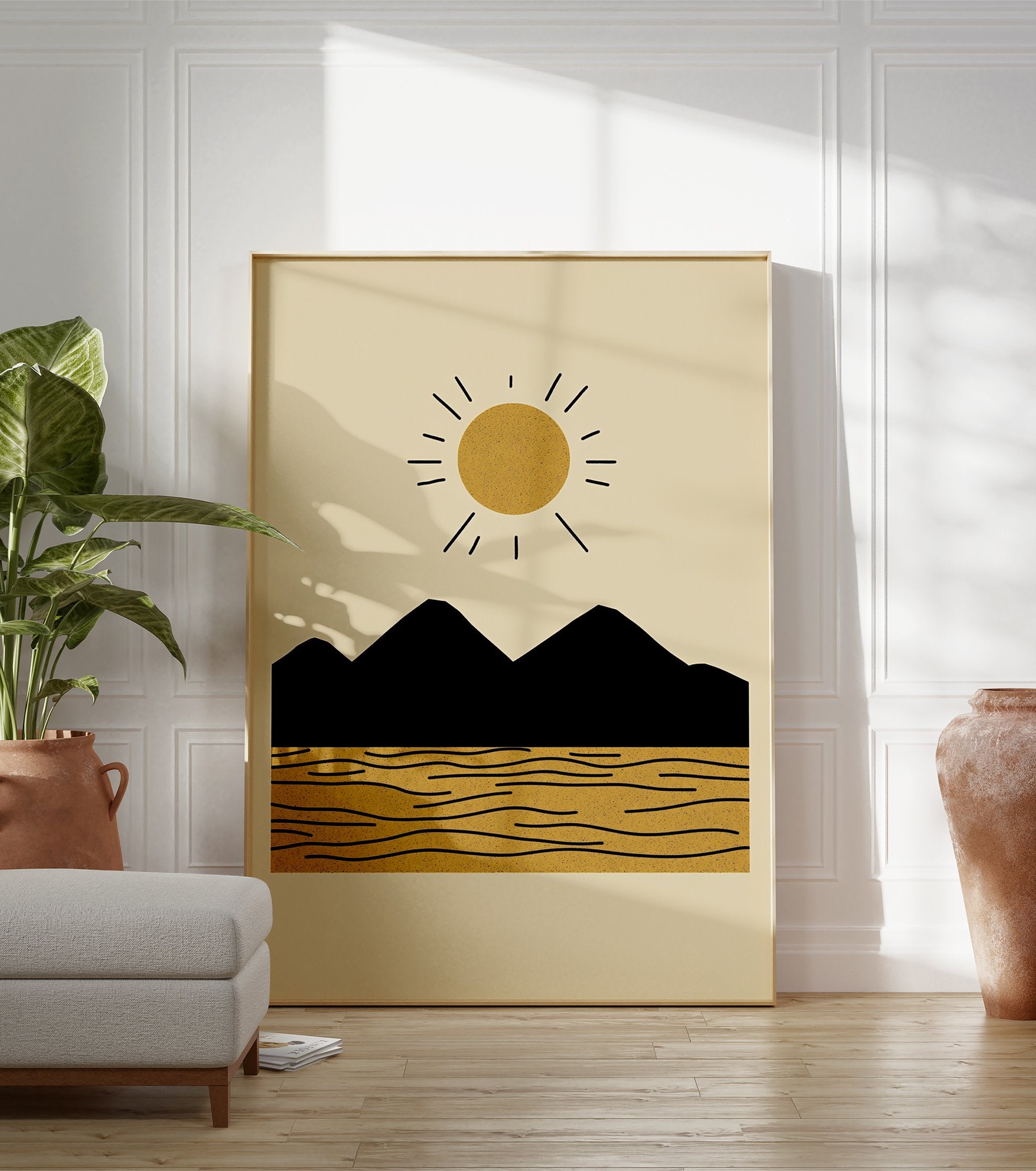 Minimalist landscape poster with a golden sun, black mountains, and textured yellow sand with wavy lines. - Image 3