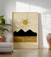 Minimalist landscape poster with a golden sun, black mountains, and textured yellow sand with wavy lines. - Image 3