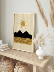 Minimalist landscape poster with a golden sun, black mountains, and textured yellow sand with wavy lines. - Image 4