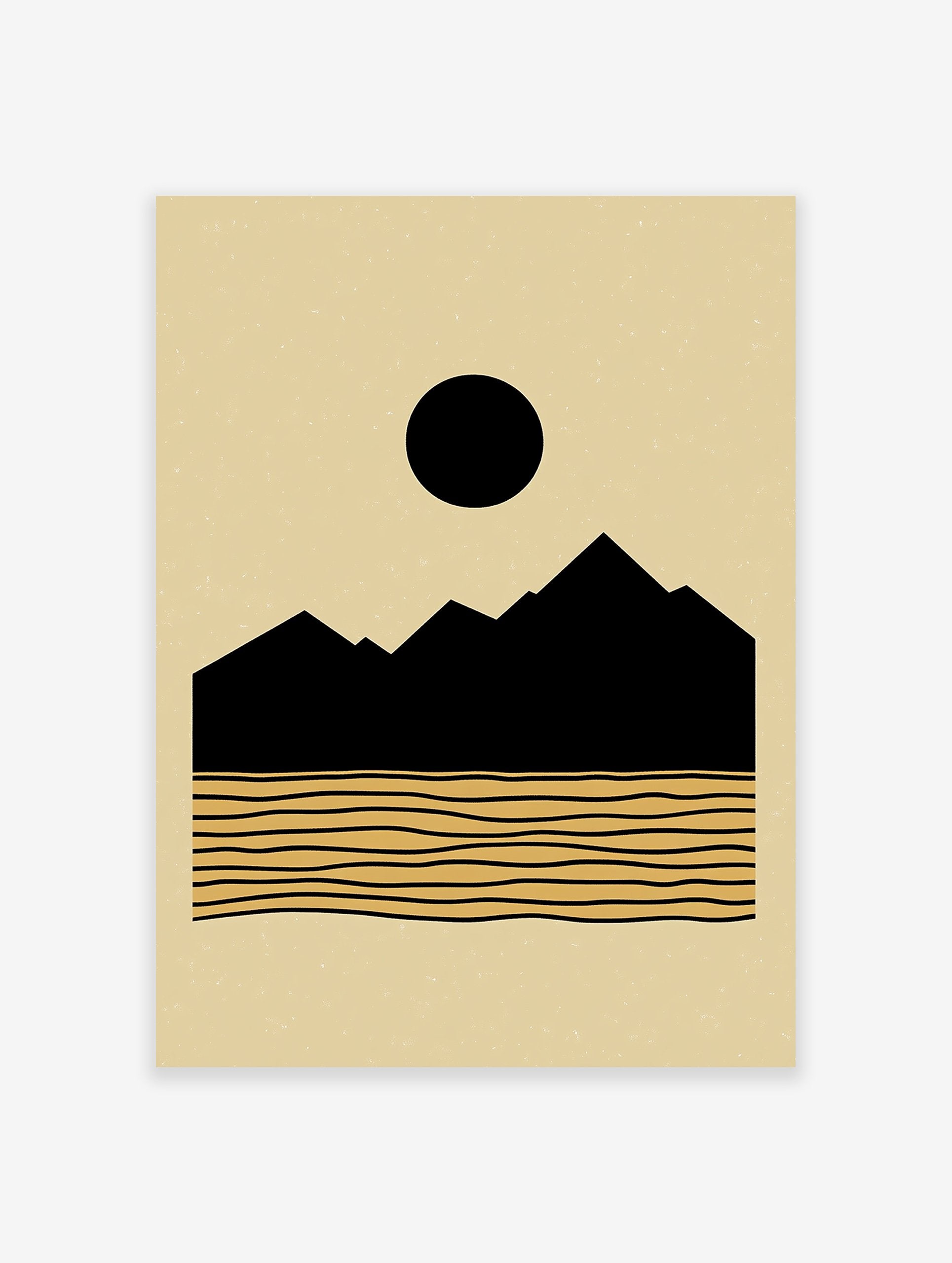 Minimalist landscape poster with black mountains, a black sun, and golden wavy lines representing water on a beige background.