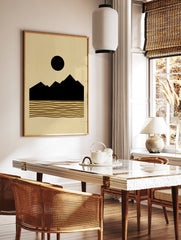 Minimalist landscape poster with black mountains, a black sun, and golden wavy lines representing water on a beige background. - Image 2