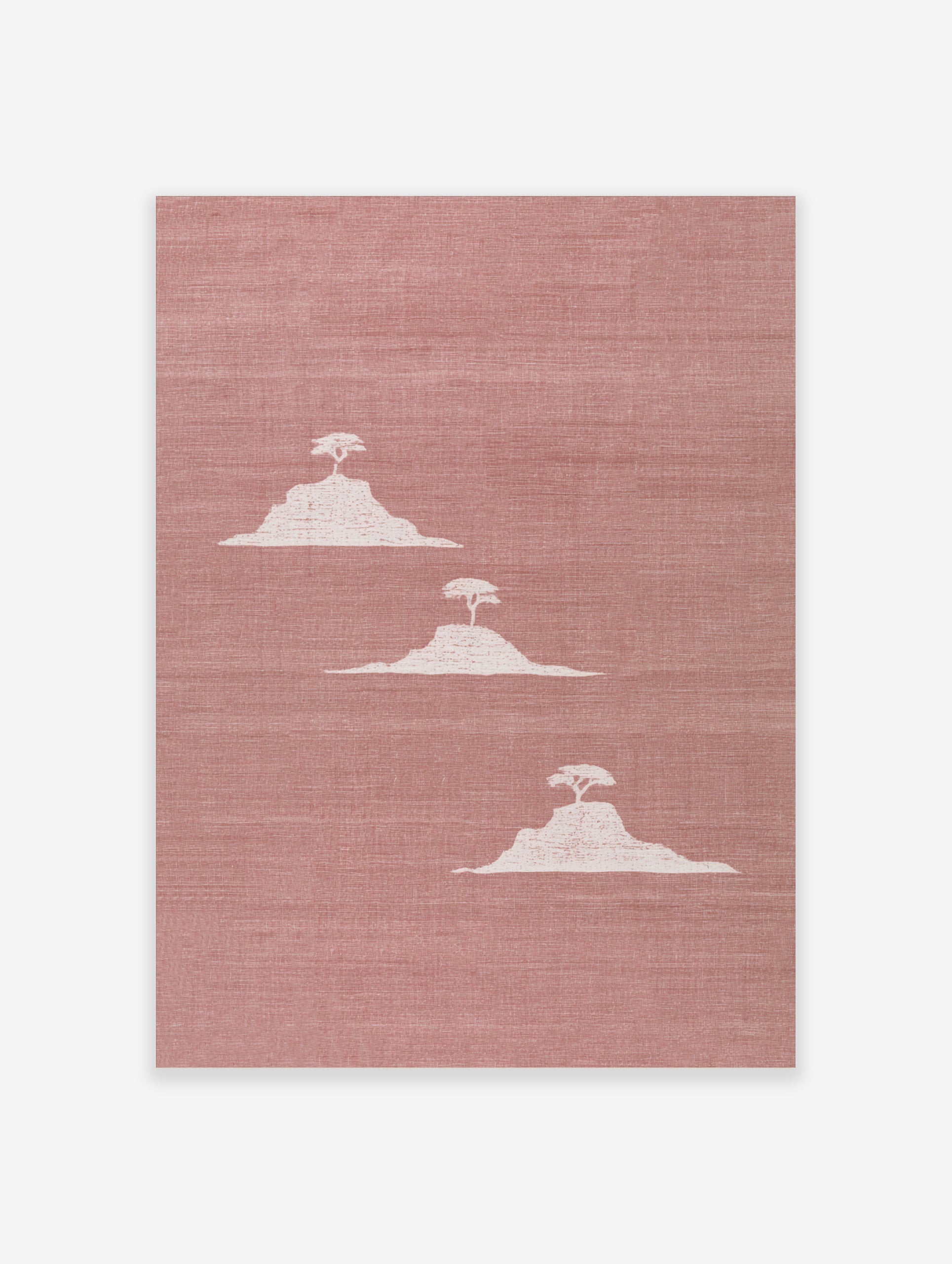 Minimalist landscape wall art featuring three white mesa hills with trees on a textured dusty pink background