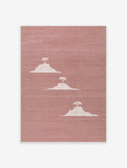 Minimalist landscape wall art featuring three white mesa hills with trees on a textured dusty pink background