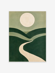 Minimalist landscape art print with rolling green hills, a winding beige path, and a large pale moon in the sky