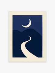 Minimalist night landscape art print with a cream crescent moon over navy blue rolling hills and a winding path