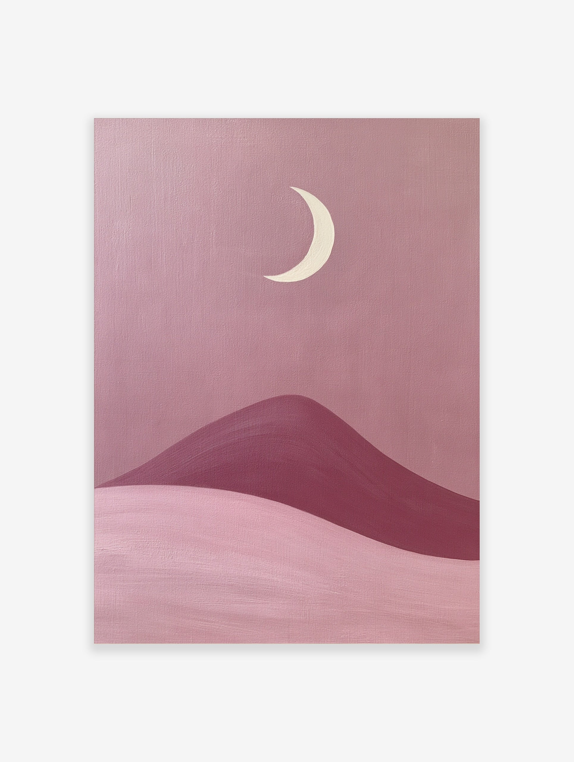 Minimalist moon landscape art print featuring a cream crescent moon above rolling pink and berry desert dunes