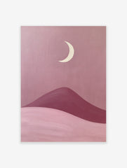 Minimalist moon landscape art print featuring a cream crescent moon above rolling pink and berry desert dunes