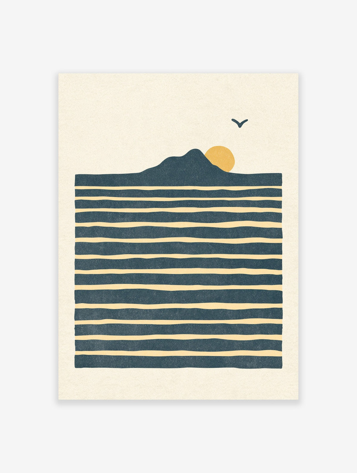 Minimalist mountain landscape print with blue horizontal stripes, a yellow sun, and a bird silhouette on paper