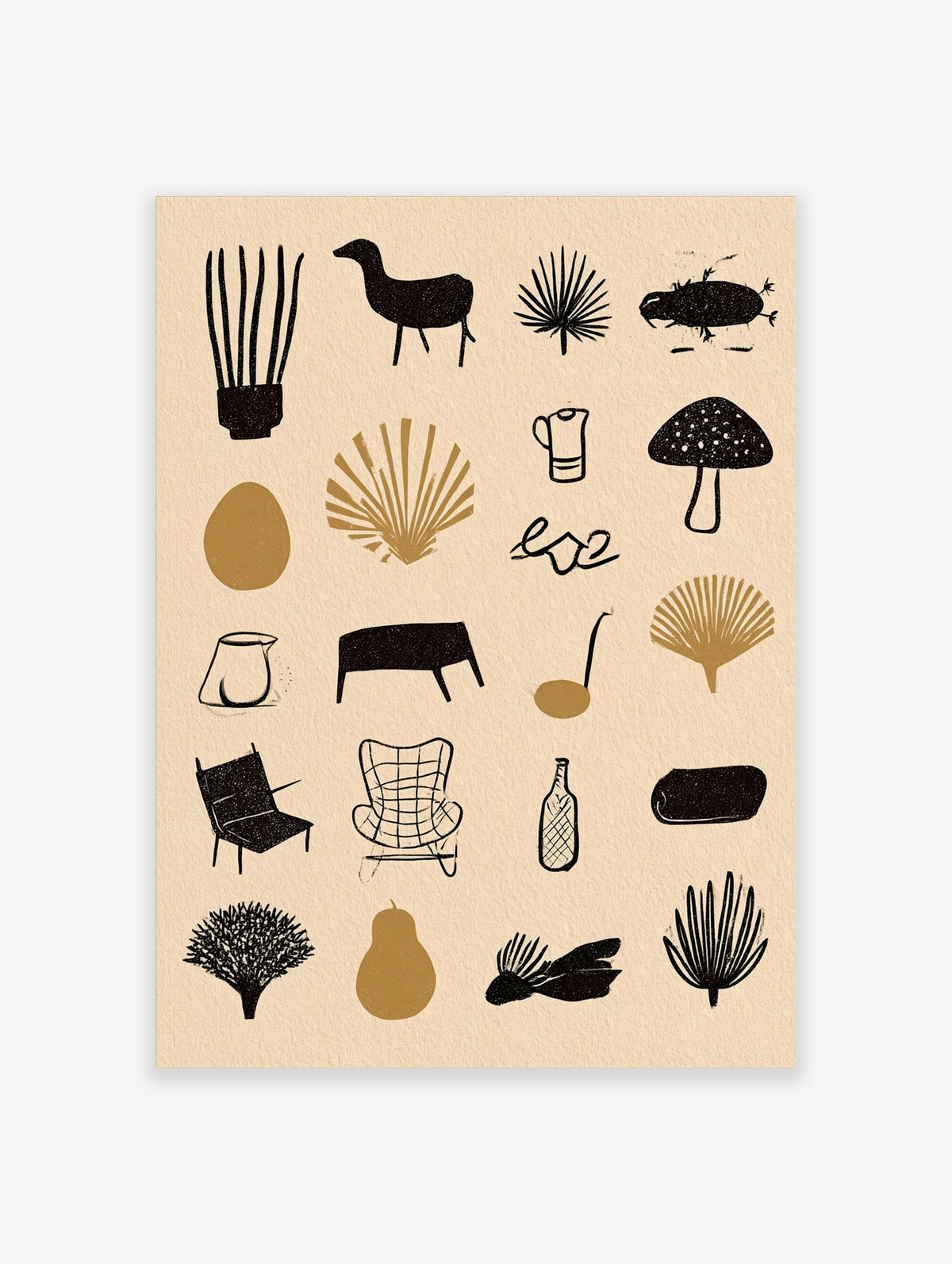 Minimalist grid illustration print with botanical, animal, and household icons in black on a beige background