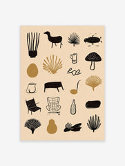 Minimalist grid illustration print with botanical, animal, and household icons in black on a beige background