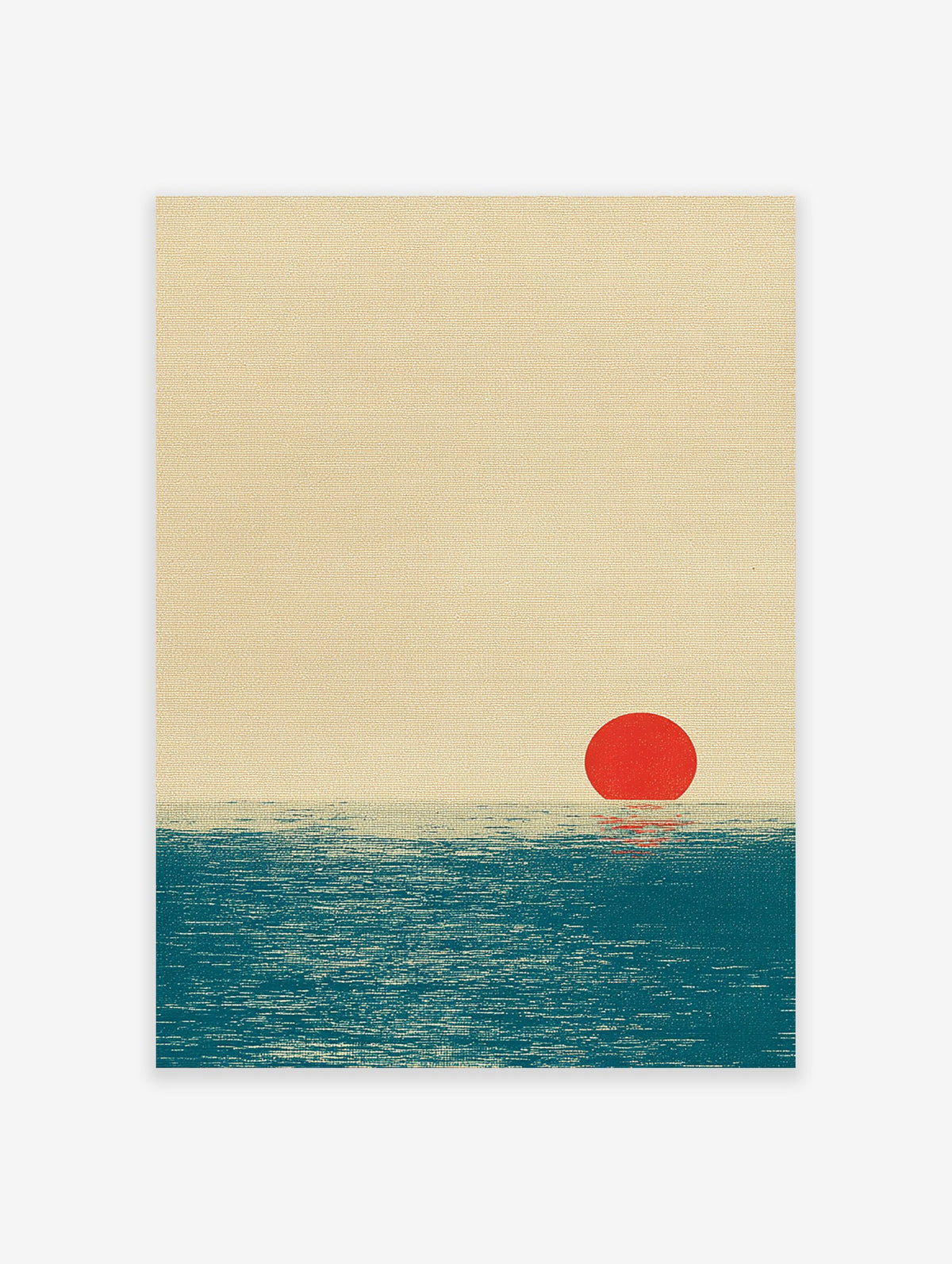 Minimalist ocean wall art print featuring a red sun reflecting on a textured blue sea under a beige sky, unframed.