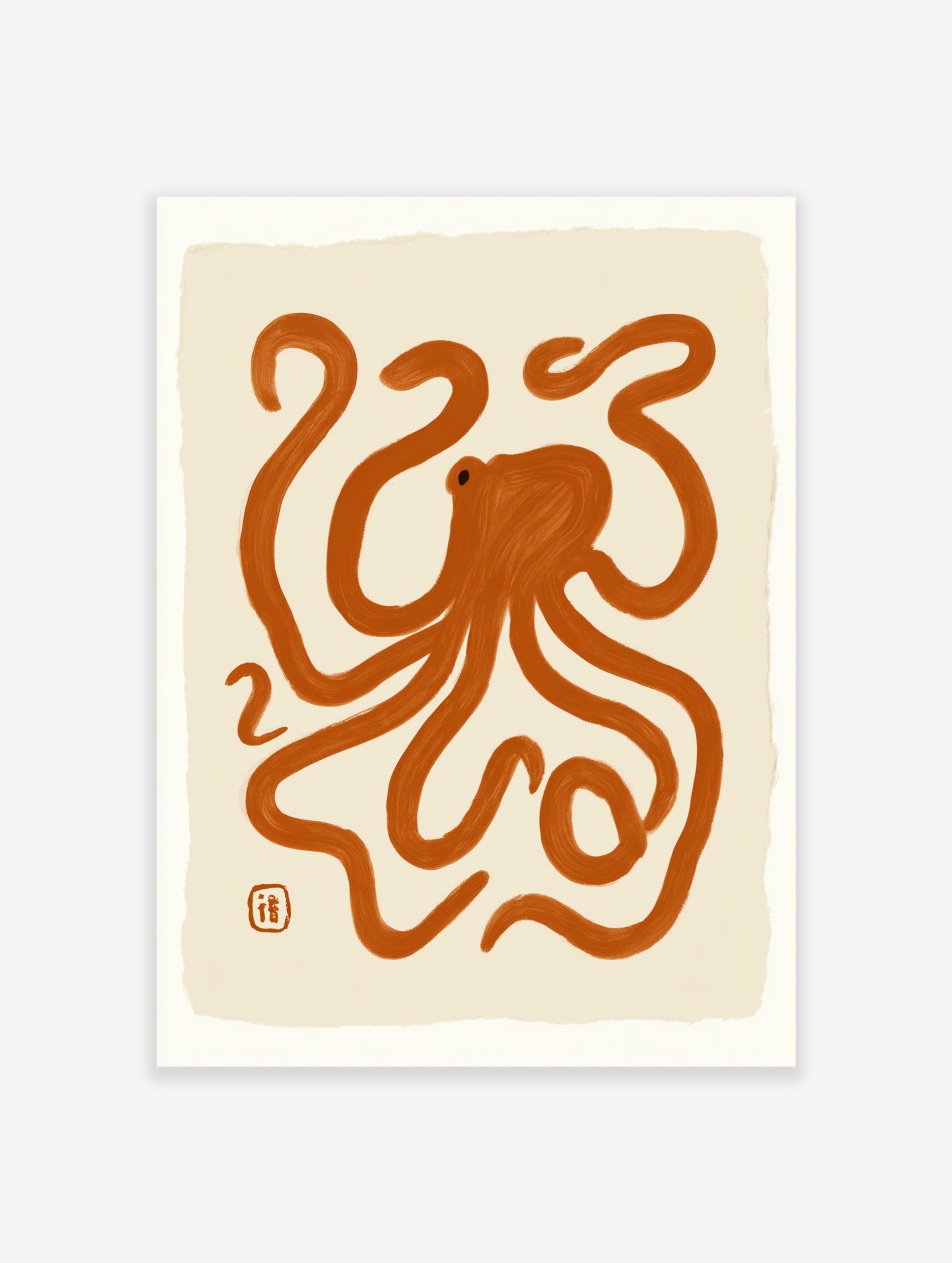 Minimalist octopus illustration with orange brush strokes on a cream background, abstract animal wall art print