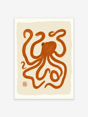 Minimalist octopus illustration with orange brush strokes on a cream background, abstract animal wall art print