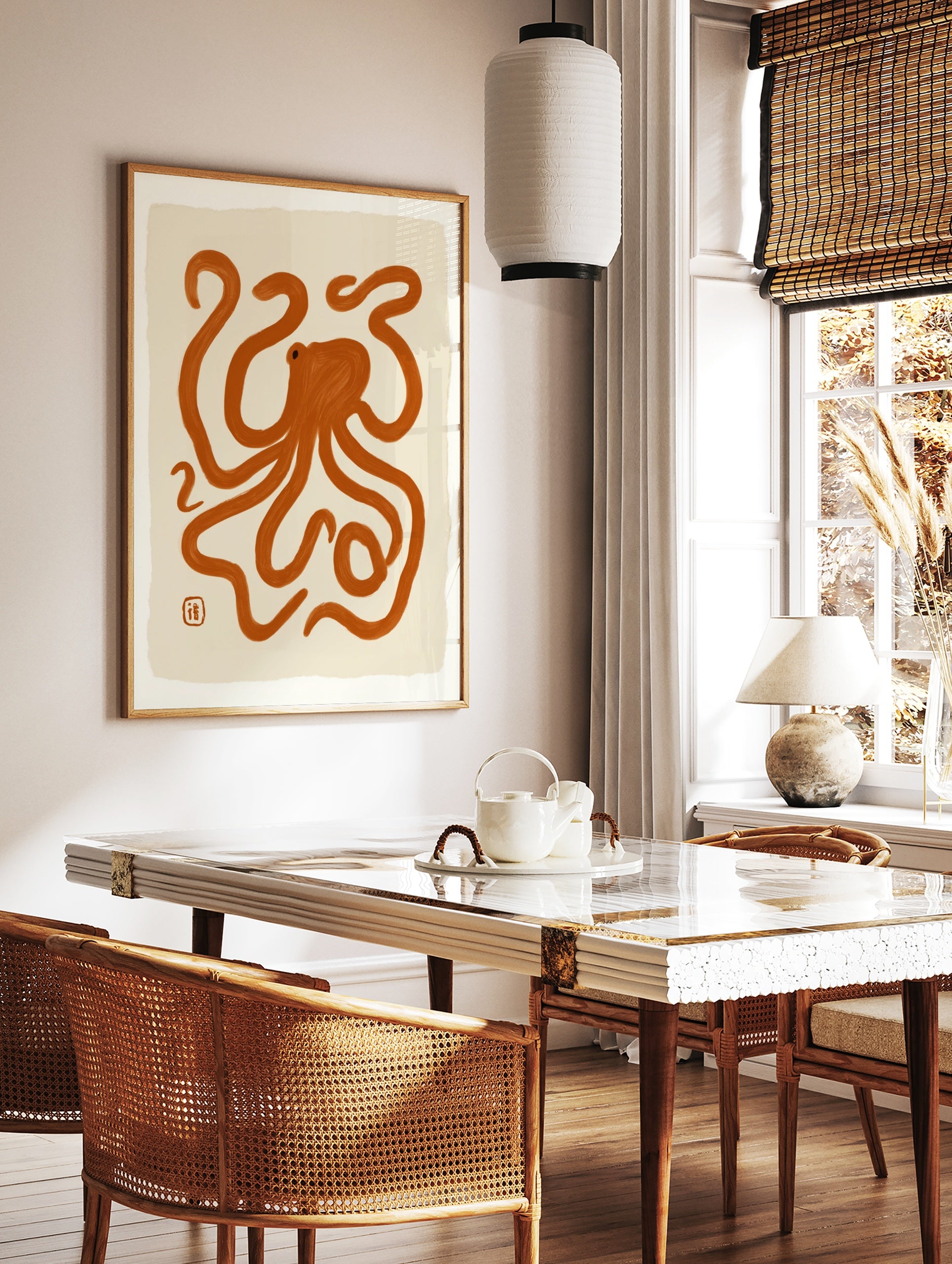 Minimalist octopus illustration with orange brush strokes on a cream background, abstract animal, in a styled room mockup