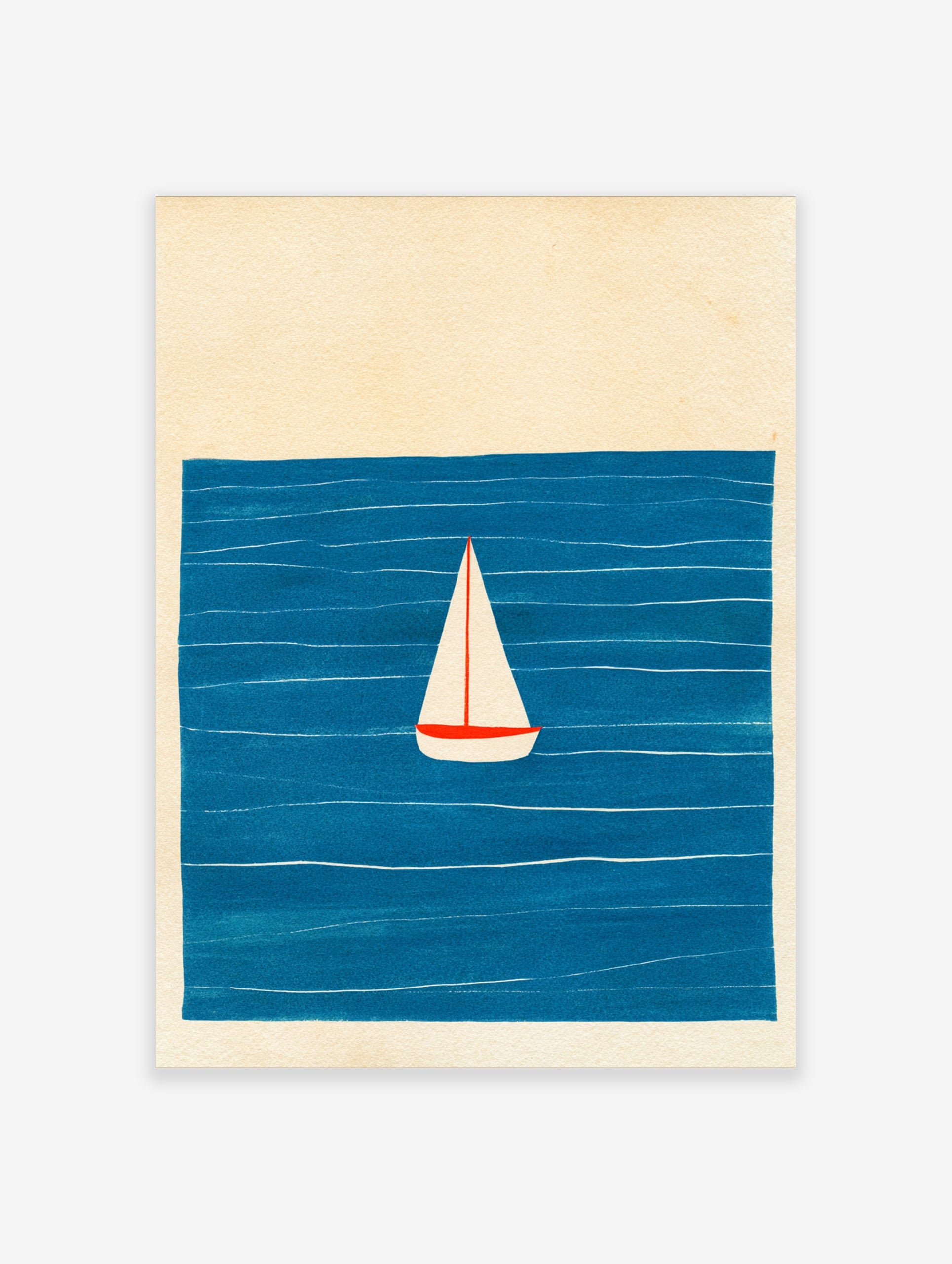 Minimalist sailboat wall art illustration featuring a white boat on a deep blue sea with simple horizontal wave lines