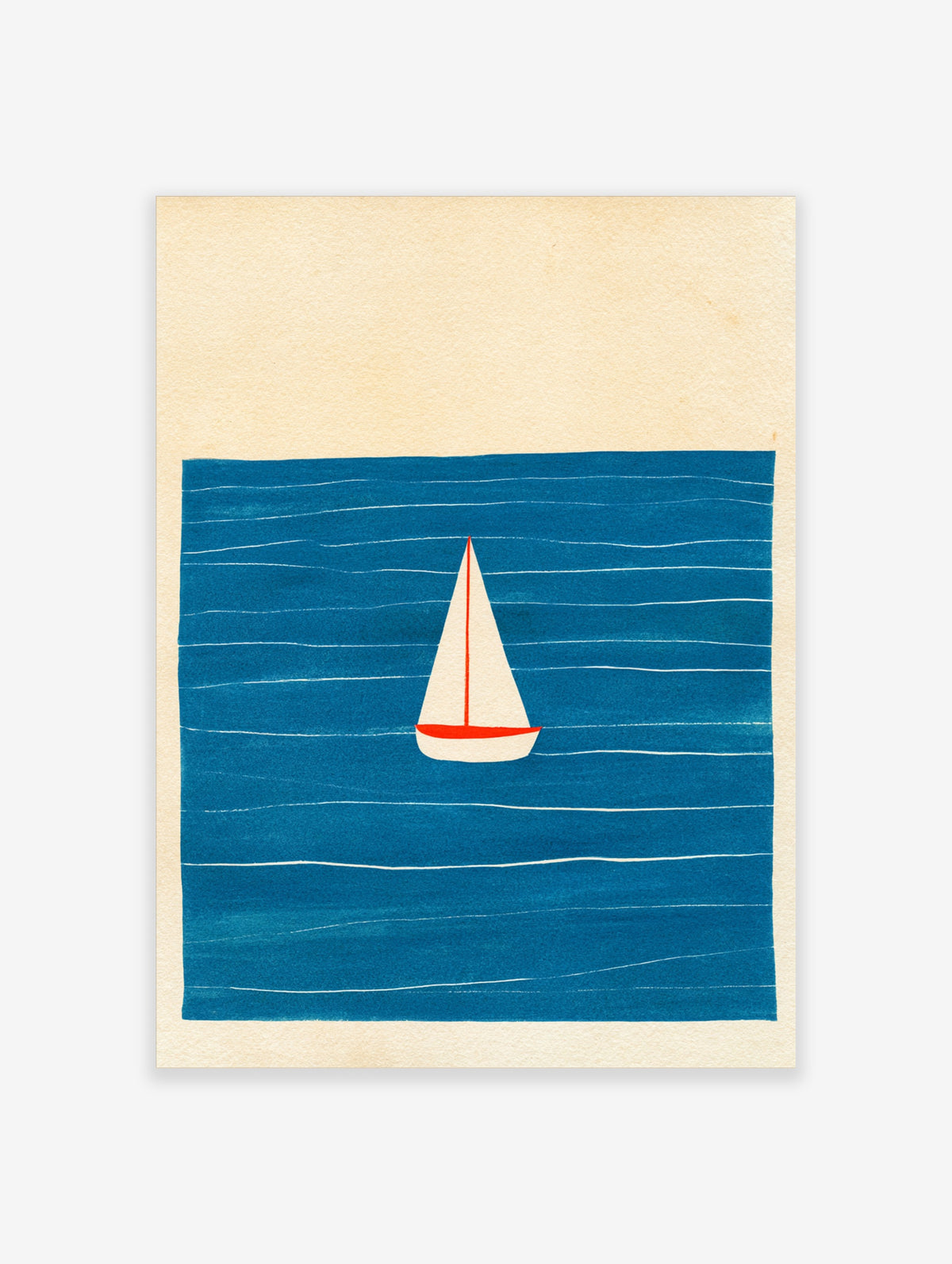 Minimalist sailboat wall art illustration featuring a white boat on a deep blue sea with simple horizontal wave lines