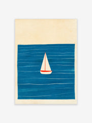 Minimalist sailboat wall art illustration featuring a white boat on a deep blue sea with simple horizontal wave lines