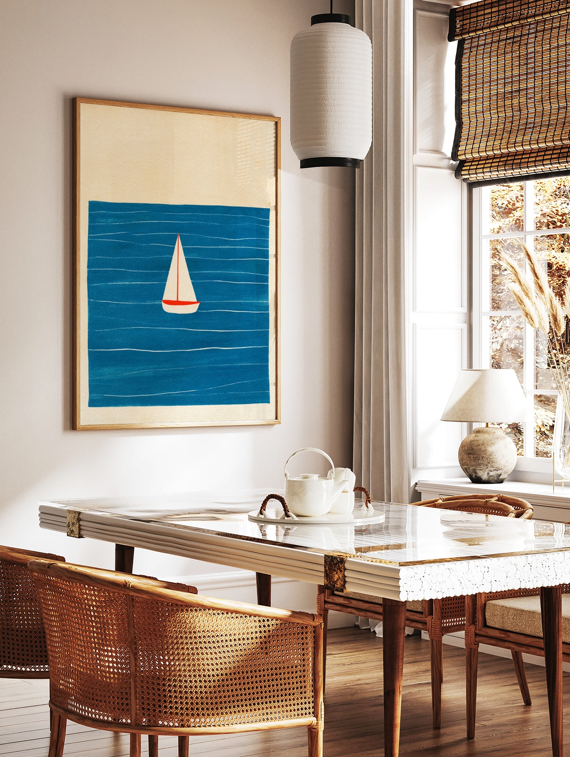 Minimalist sailboat wall art illustration featuring a white boat on a deep blue sea with simple, in a styled room mockup