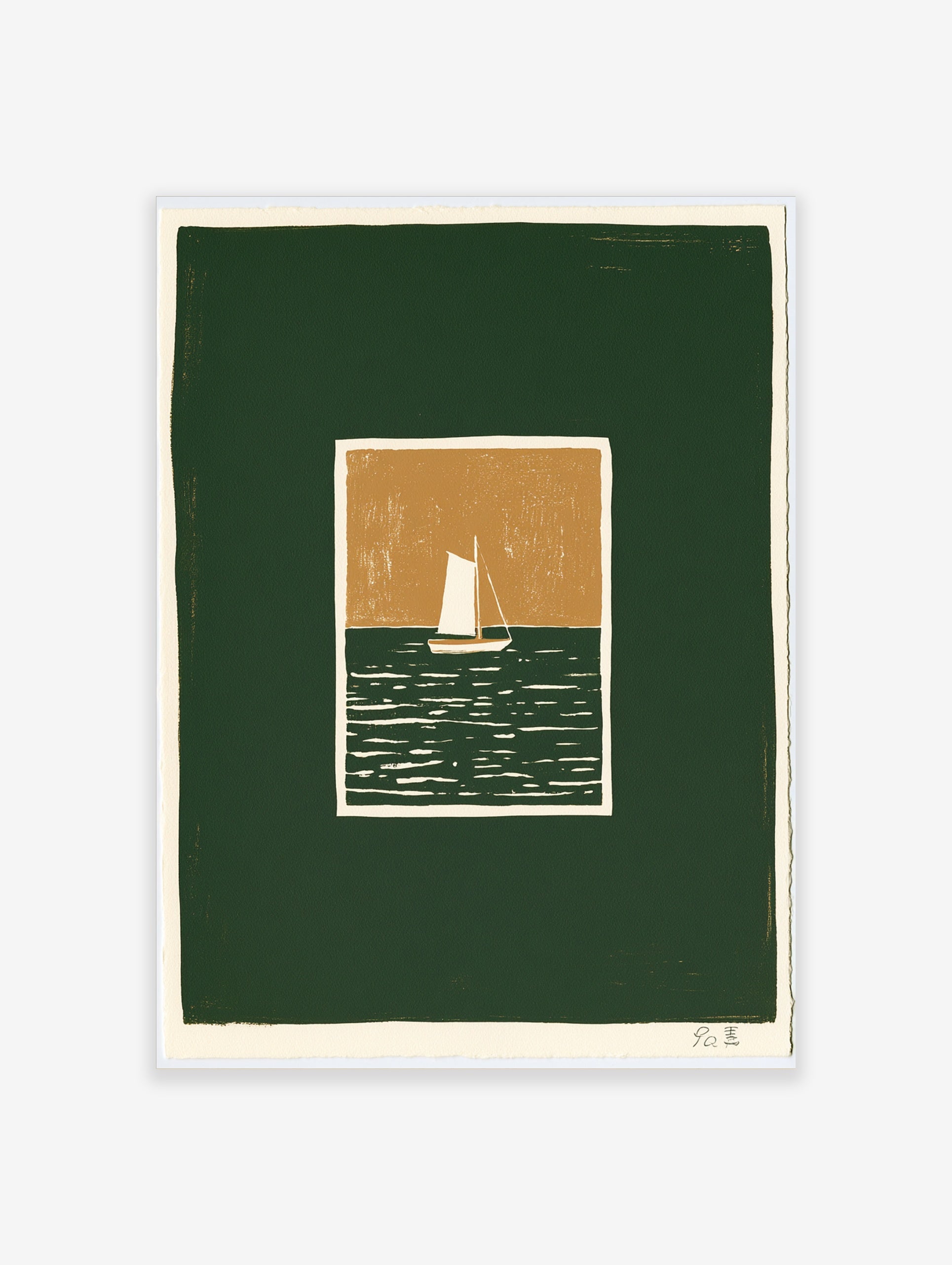 Minimalist sailboat art print with white boat on dark green sea and tan sky, illustrative style nautical wall decor
